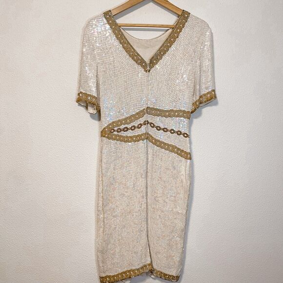 Vintage RARE Patra Iridescent Sequined White & Gold Beaded 100% Silk Dress Size - Picture 6 of 11